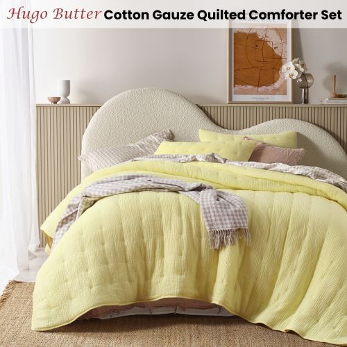 3 Piece Hugo Cotton Gauze Quilted Comforter Set Butter by Vintage Design Homewares