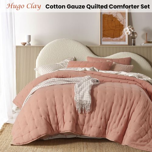 3 Piece Hugo Cotton Gauze Quilted Comforter Set Clay by Vintage Design Homewares