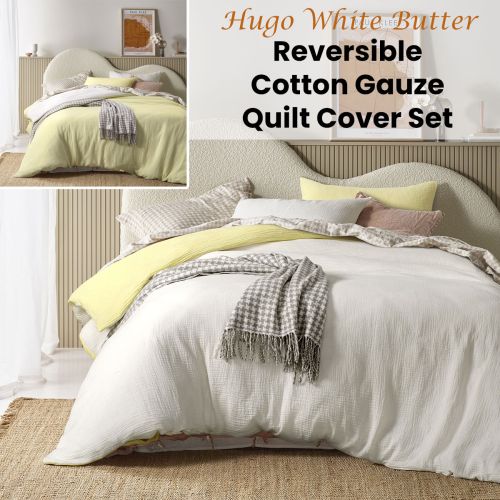 Hugo Reversible White Butter Cotton Gauze Quilt Cover Set by Vintage Design Homewares