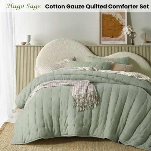 3 Piece Hugo Cotton Gauze Quilted Comforter Set Sage by Vintage Design Homewares