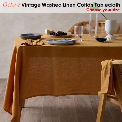 Vintage Washed Linen Cotton Tablecloth Ochre by Vintage Design Homewares