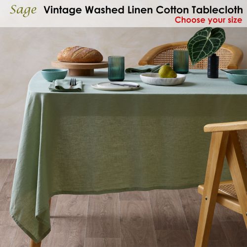Vintage Washed Linen Cotton Tablecloth Sage by Vintage Design Homewares