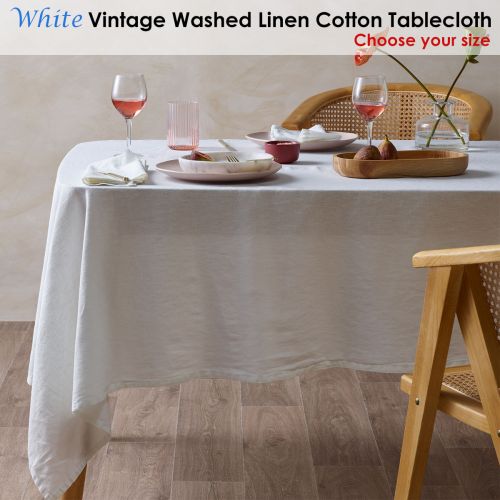 Vintage Washed Linen Cotton Tablecloth White by Vintage Design Homewares