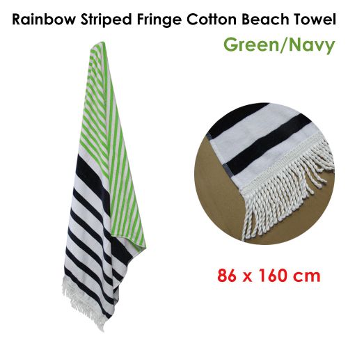 Rainbow Striped Fringe Cotton Beach Towel Green/Navy 86 x 160 cm by Onkaparinga