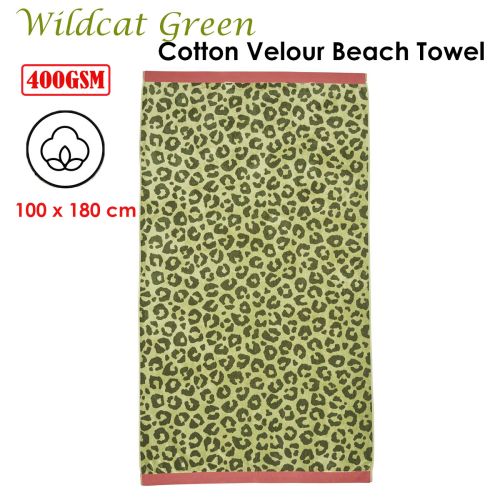 400gsm Wildcat Green Cotton Velour Beach Towel 100cm x 180cm by Bedding House
