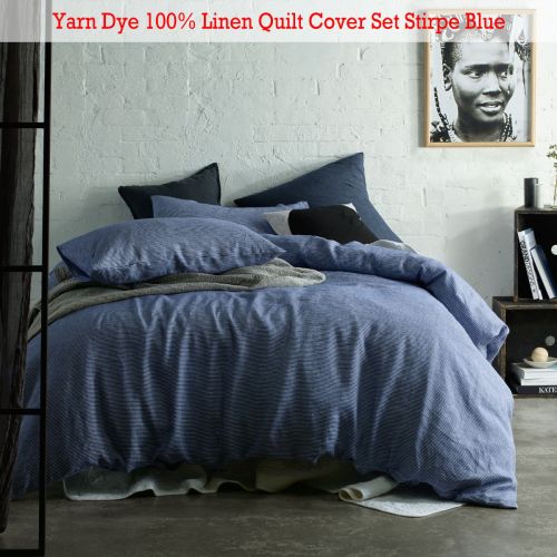 Yarn Dye 100% Linen Quilt Cover Set Stripe Blue King by Accessorize